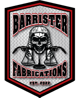 Barrister Fabrications Logo with Skull, scales, and diamond plate